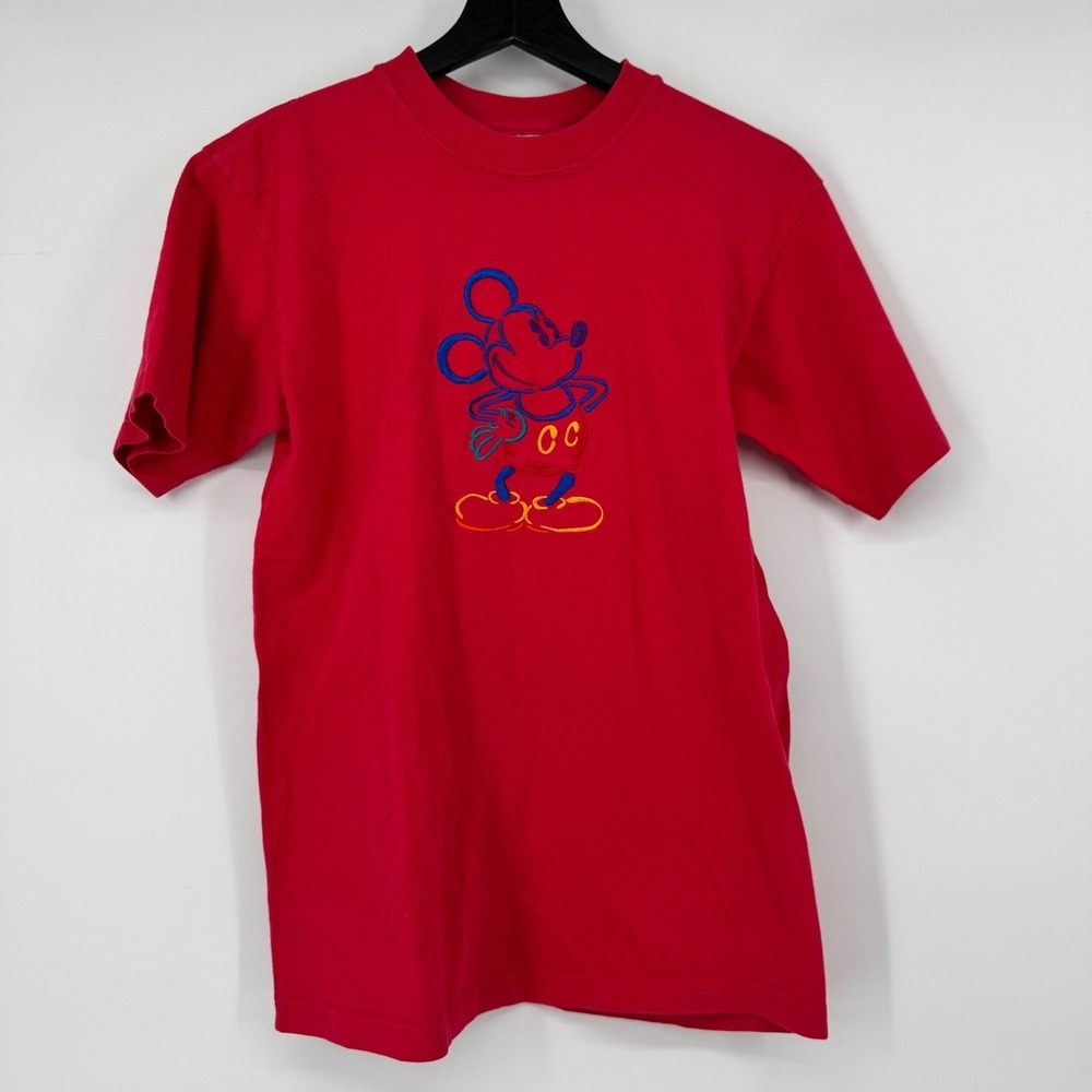 Vintage Disney Mickey Inc Small Red Cotton T Shirt Embroidered Mickey Mouse 90s